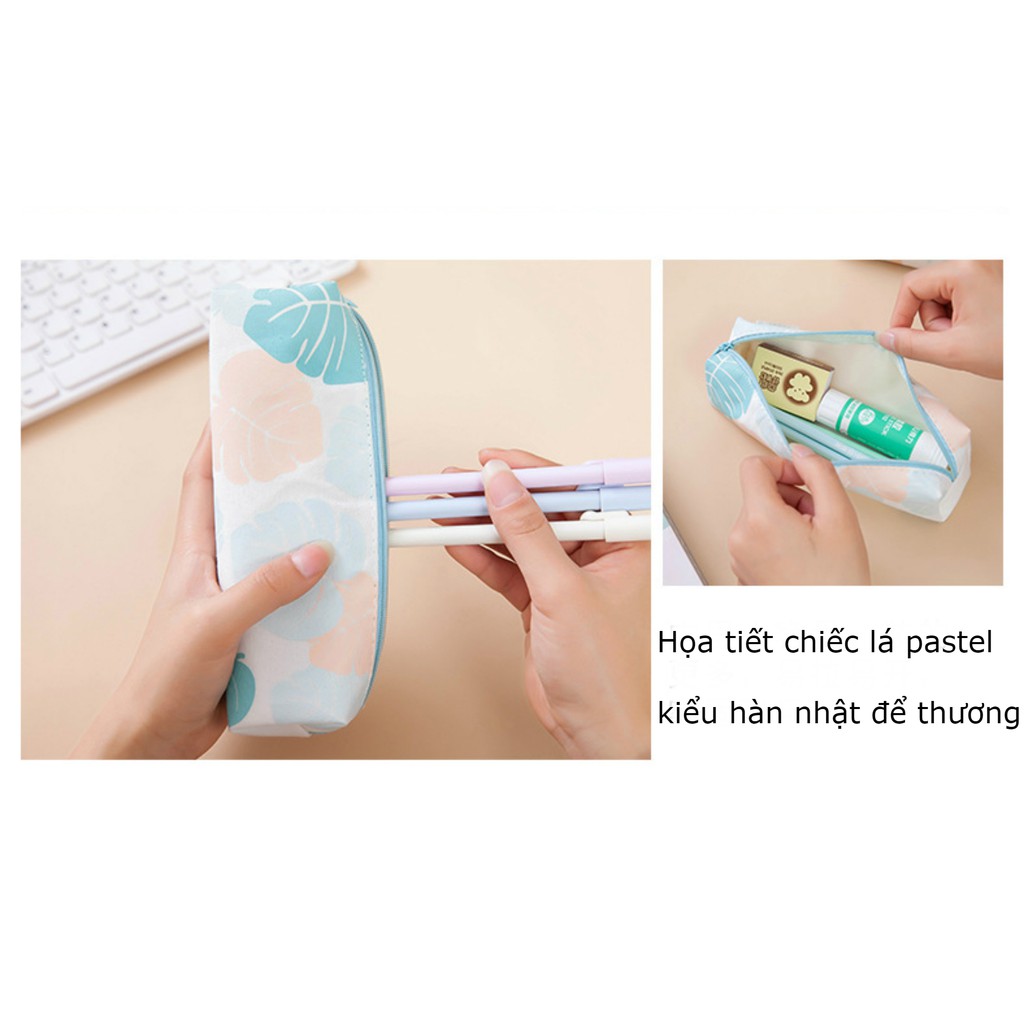 SG - Hộp bút vải pastel họa tiết chiếc lá kiểu hàn nhât dể thương