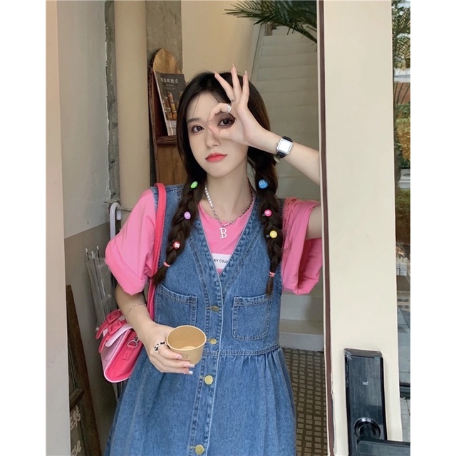 Váy Yếm Jean Nữ Màu Xanh, Đầm Yếm Bò Dáng Baby Doll Xoè Sát Nách Cổ V Cài Cúc Loại 1 Năng Động Phong Cách Hàn Quốc