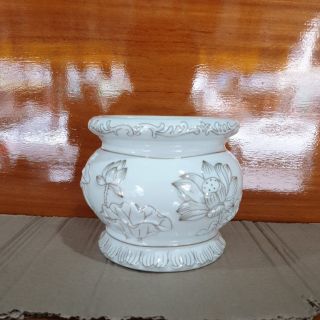 Lư hương sứ trắng bạch ngọc trắng cao cấp cao 12cm đường kính 15 cm ( hoa sen nổi rất đẹp )