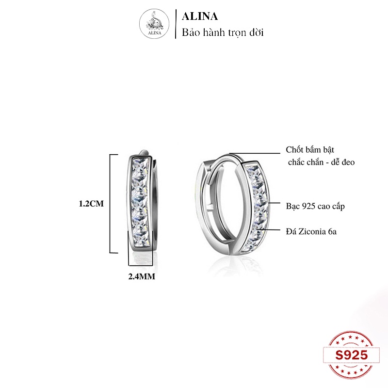 Khuyên Tròn Bạc 925 Dày 2.4mm Bấm Bật Đính Đá Đơn Giản Khoen Tròn Nam Nữ ALINA 1047