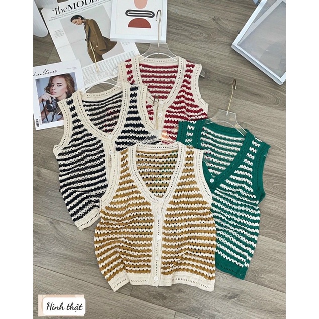Áo len kẻ sọc ngang sát nách, Áo liểu len lỗ mỏng mặc mát AL7305 - NhiNhi Shop