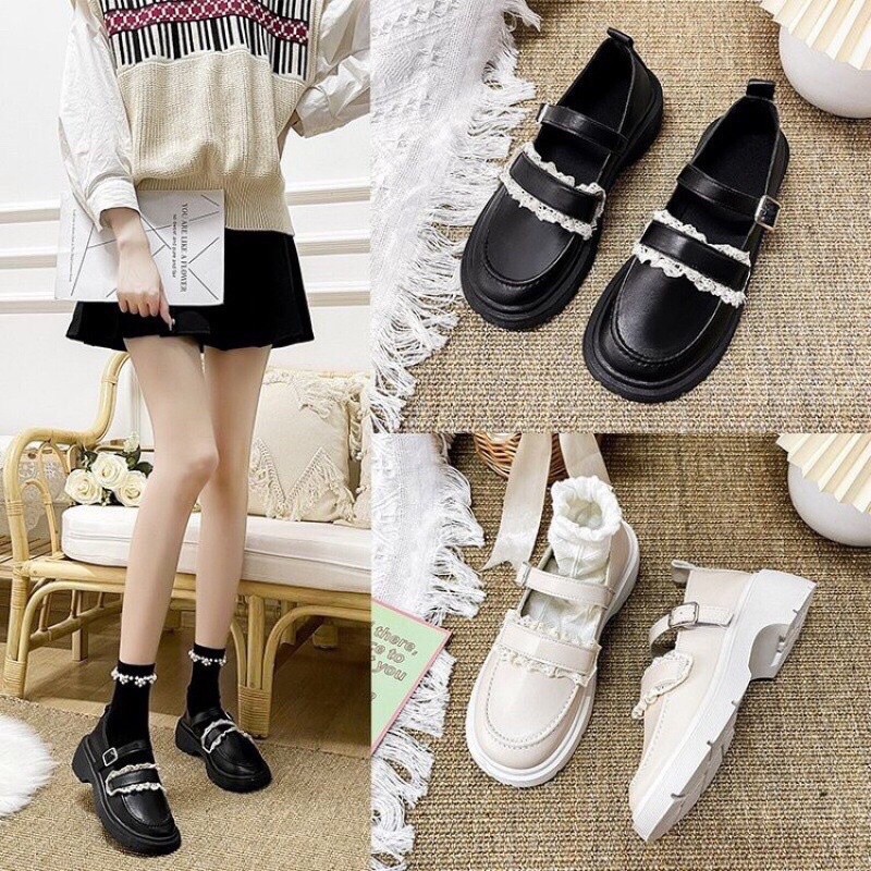 Giày Lolita nữ da phối ren đế cao quai ngang cài siêu xinh phong cách Hàn Quốc FLOWER G08 - Nguyentrang239