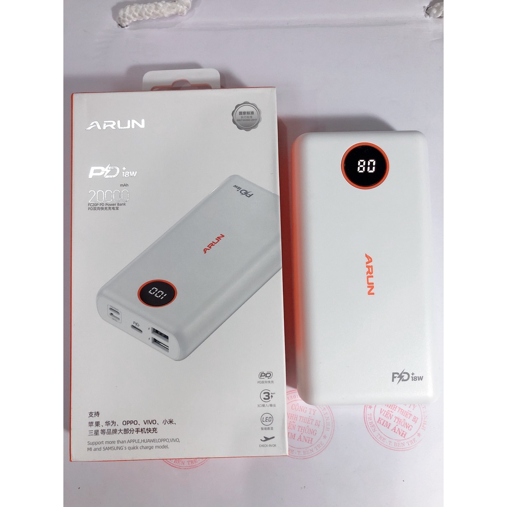 Sạc Dự Phòng Arun FC20P Pro 20000 mAh (PD 22.5W, QC3.0) Sạc Nhanh 2 Chiều Type C, Hàng chính hãng