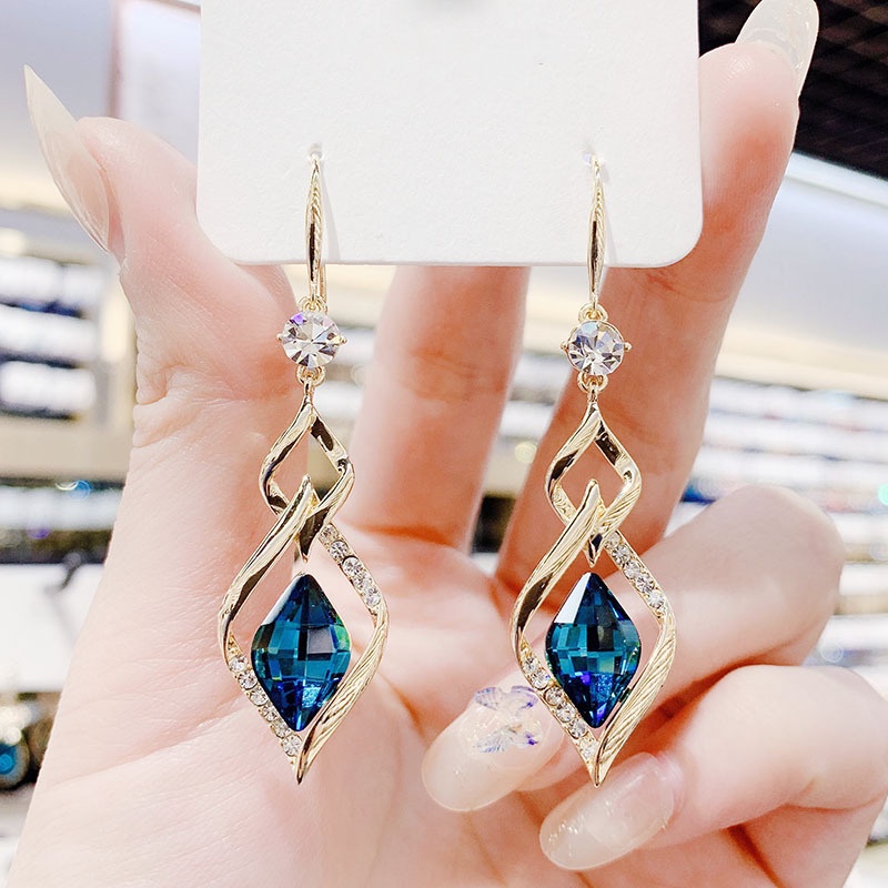 Khuyên tai nữ thời trang Hàn Quốc E1257 hình khối đơn giản đính hạt màu xanh s925