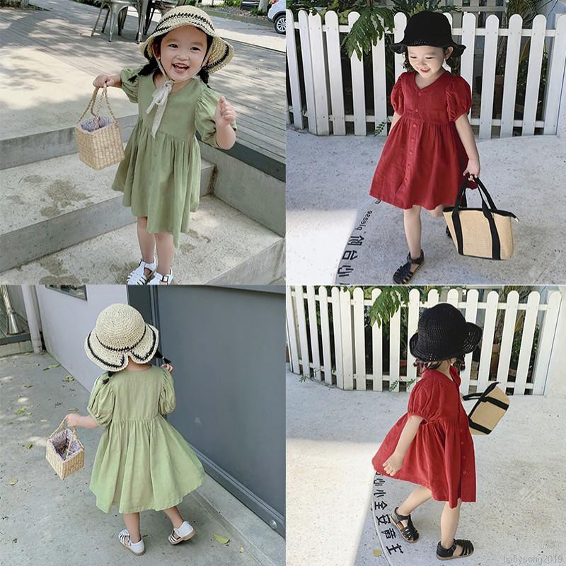 Đầm Cotton Ngắn Tay Màu Trơn Cho Bé Gái