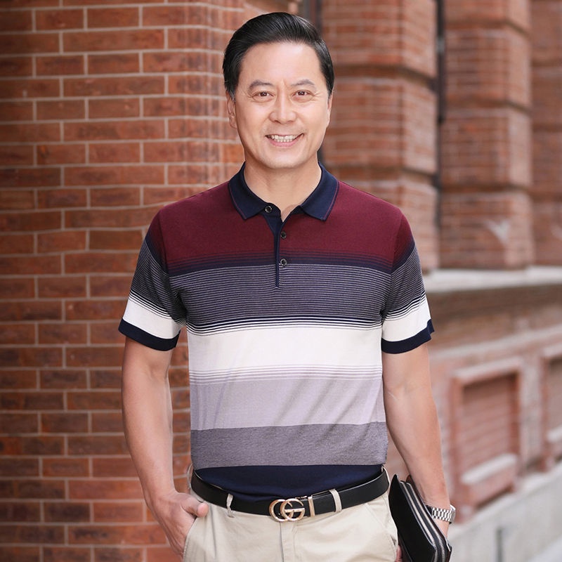 Baju Áo Thun baju T lelaki murahDad Tay Ngắn Bằng Lụa Lạnh Thời Trang Mùa Hè Cho Đàn Ông Trung Niên Gran