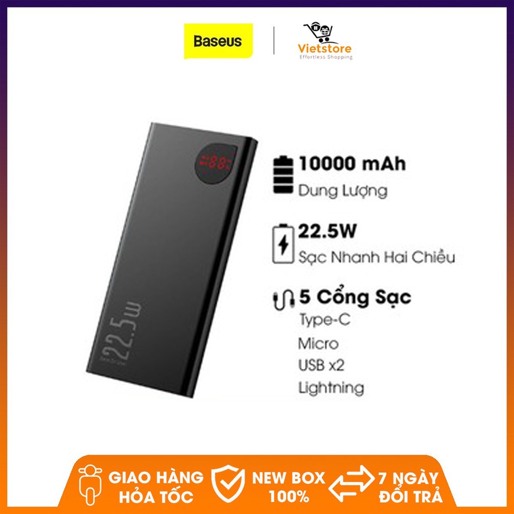 Pin sạc dự phòng 10000mAh Hiệu năng cao 22.5W thiết kế vỏ nhôm siêu mỏng với 2 cổng USB 2 cổng PD và 1 cổng in micro