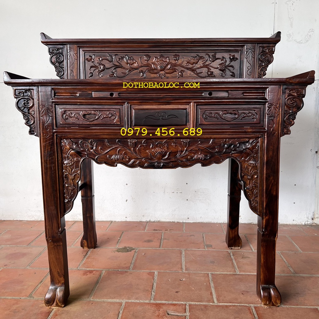 Bàn thờ gia tiên gỗ muồng 2 tầng ngang 1m34