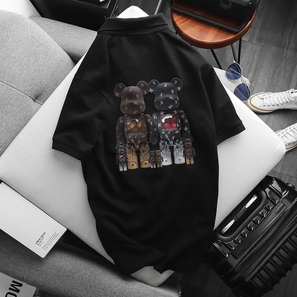 Áo POLO BEARBRICK, Áo thun có cổ Unisex nam nữ trắng đen, chất Thun Cá Sấu Poly Thái. KKIMSHOP