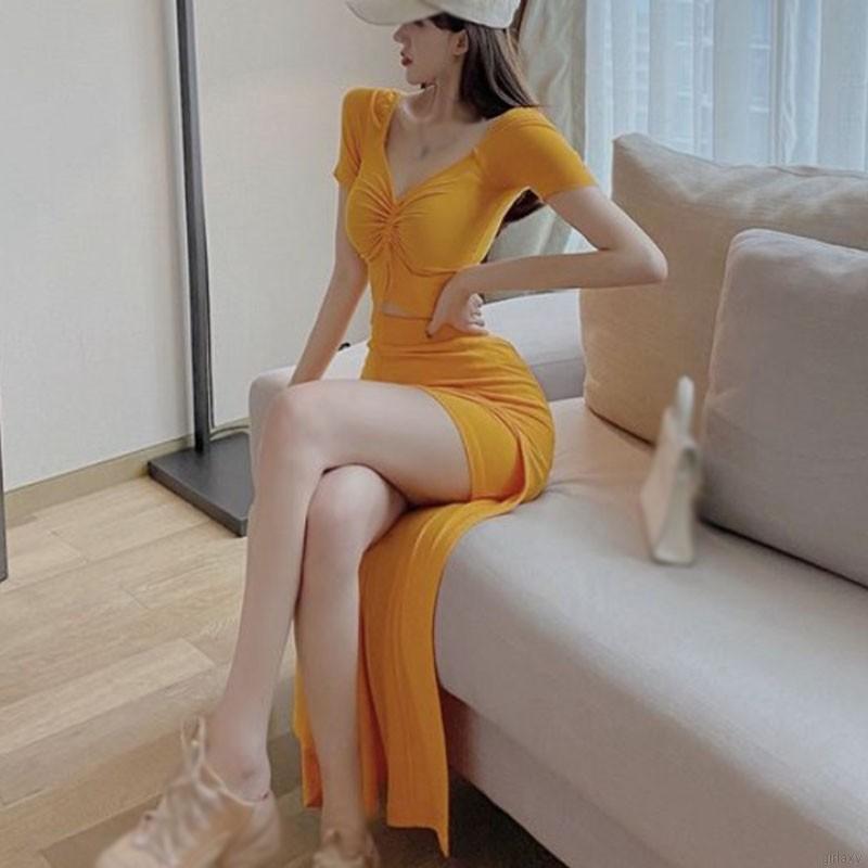Bộ Áo Thun Dáng Ôm Cổ Chữ V + Chân Váy Xẻ Tà Quyến Rũ Phong Cách Hàn Quốc Cho Nữ