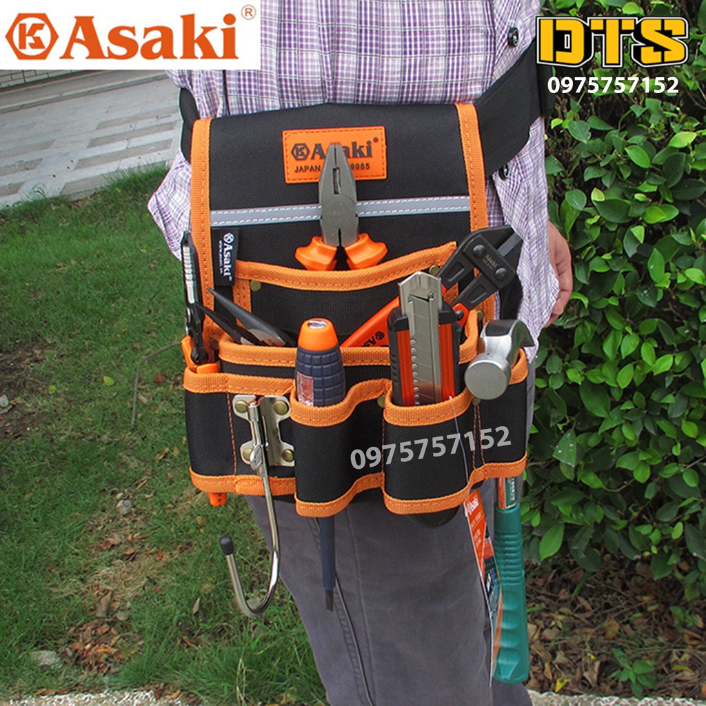 Túi đeo thắt lưng đựng đồ nghề cao cấp Asaki AK-9985, chống thấm, chống đâm thủng, túi đồ nghề sửa chữa chuyên nghiệp