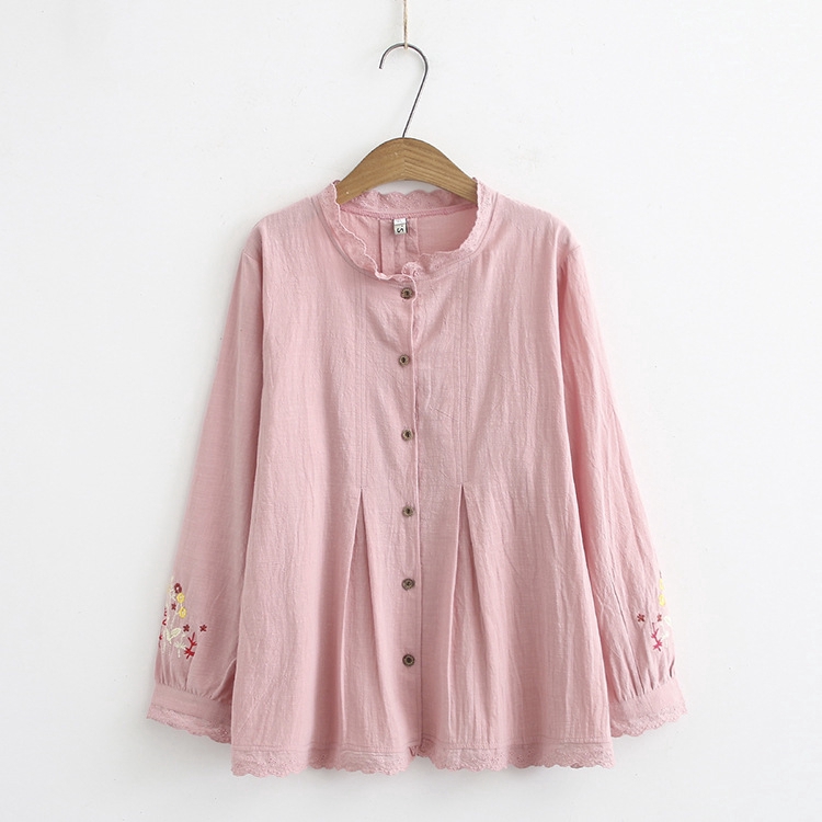 Plus Size Floral Embroidery Lace Long Sleeve Blouse Loose Big Size Pink Navy Blue Casual Blusas Officewear Tops