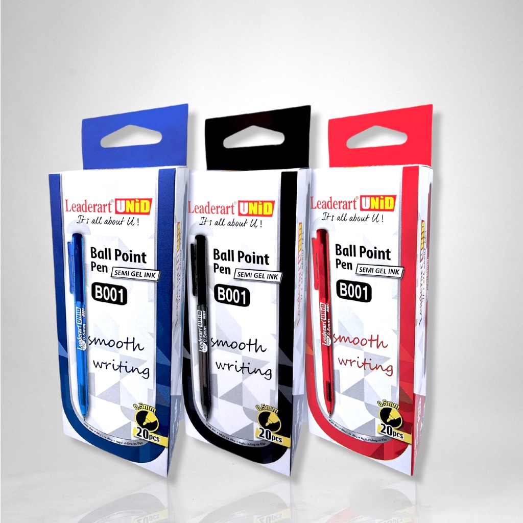 Bút bi Semi Gel Ink LEADERART UNID B001- Hộp 20 cái, đủ 3 màu - Ngòi 0.5mm viết êm trơn