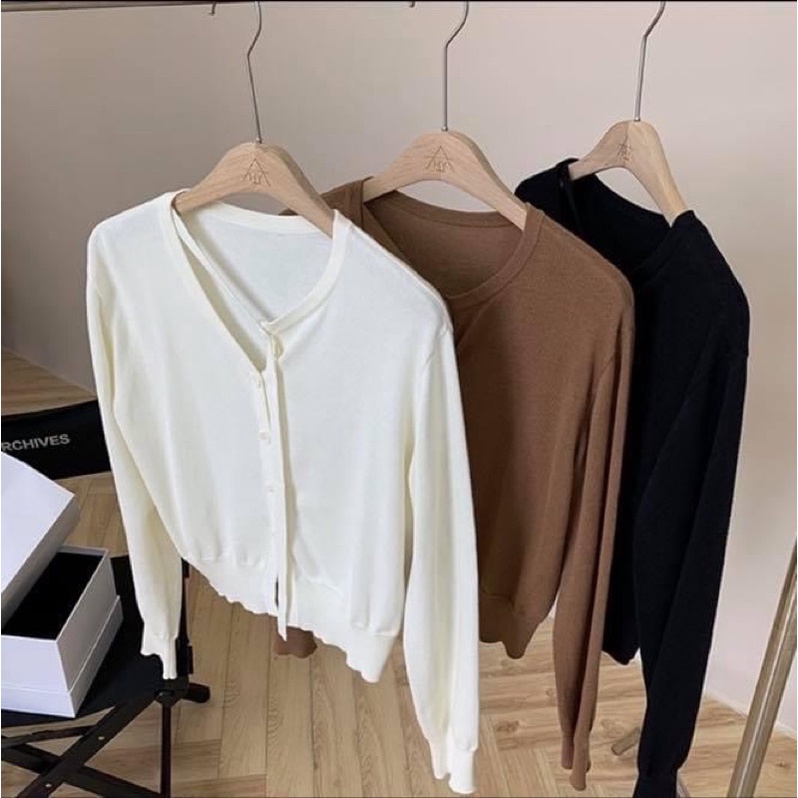 Áo len cardigan tay dài phối dây nơ cổ chéo nút trơn kiểu nữ - Order taobao quảng châu