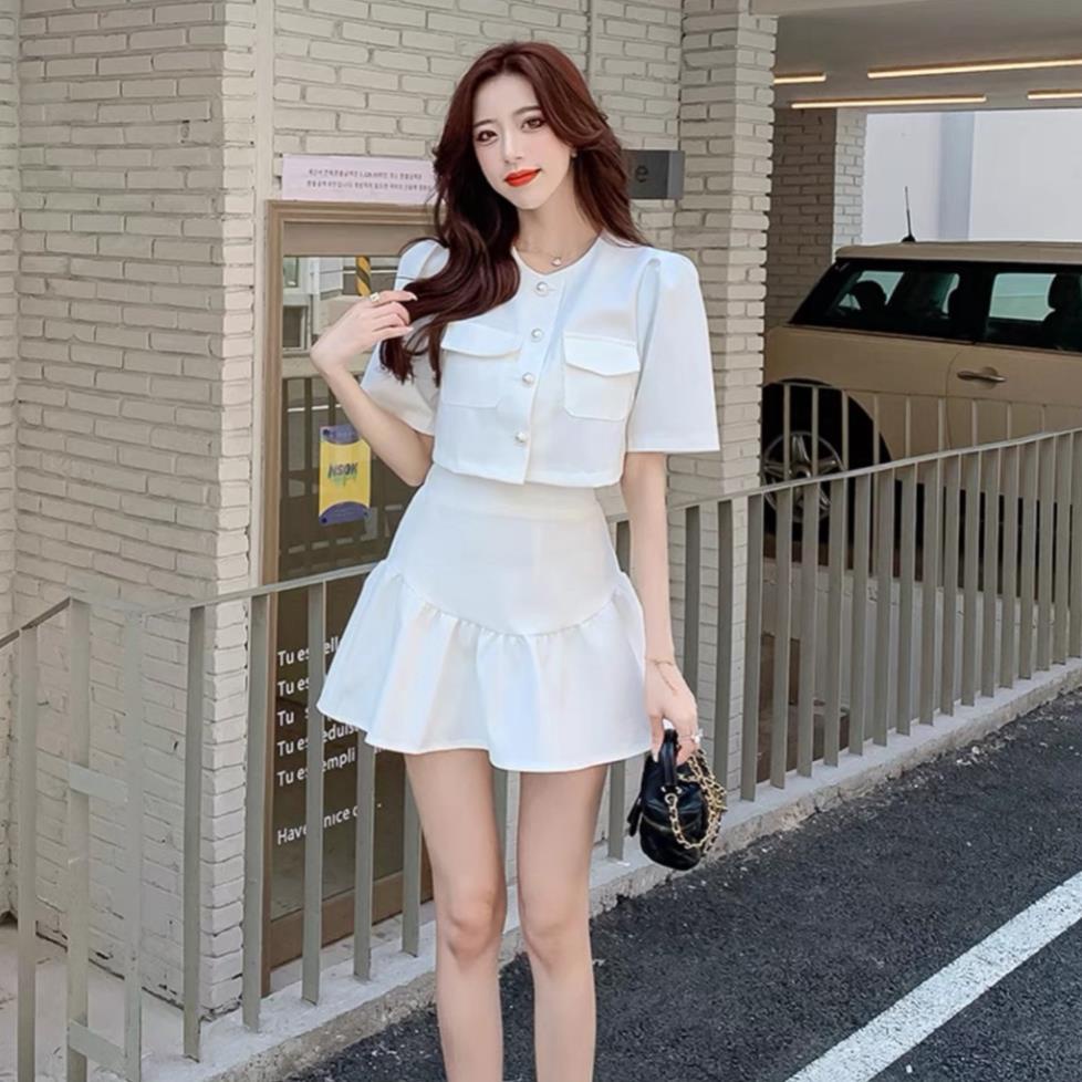 [ 𝐅𝐑𝐄𝐄 𝐒𝐇𝐈𝐏 ] SET CHÂN VÁY CROPTOP SƠ MI NẮP TÚI MIX CHÂN VÁY NGẮN XÒE