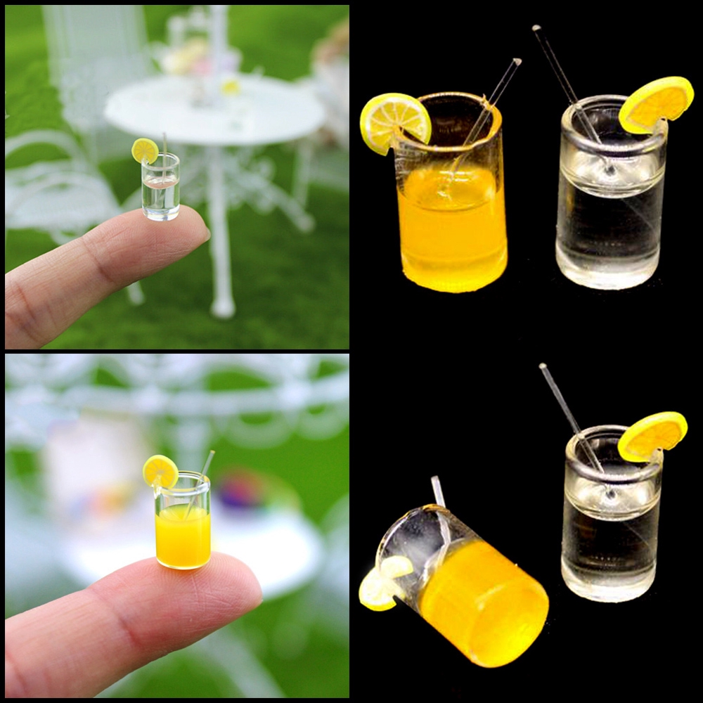 KRNY 2/4PCS Food Model Resin Craft Home Decoration Mini Kitchen Toy Fairy Garden Ornament Lemon Water Cups
