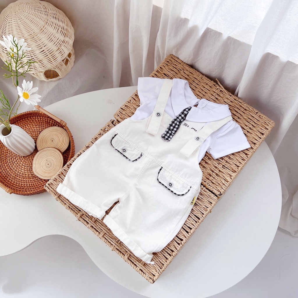 Yếm kaki 2 túi cà vạt kẻ cho bé