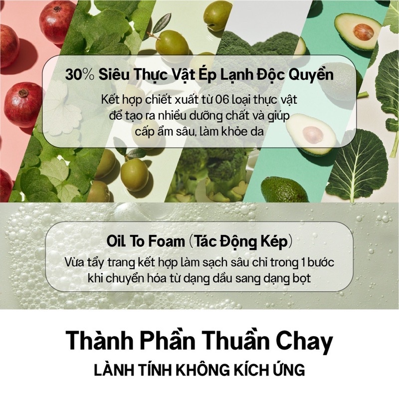 [Tặng mask] Sữa Rửa Mặt Thuần Chay Tẩy Trang Làm Sạch Sâu Vegick Superfood Oil To Foam Double Cleanser 195ml