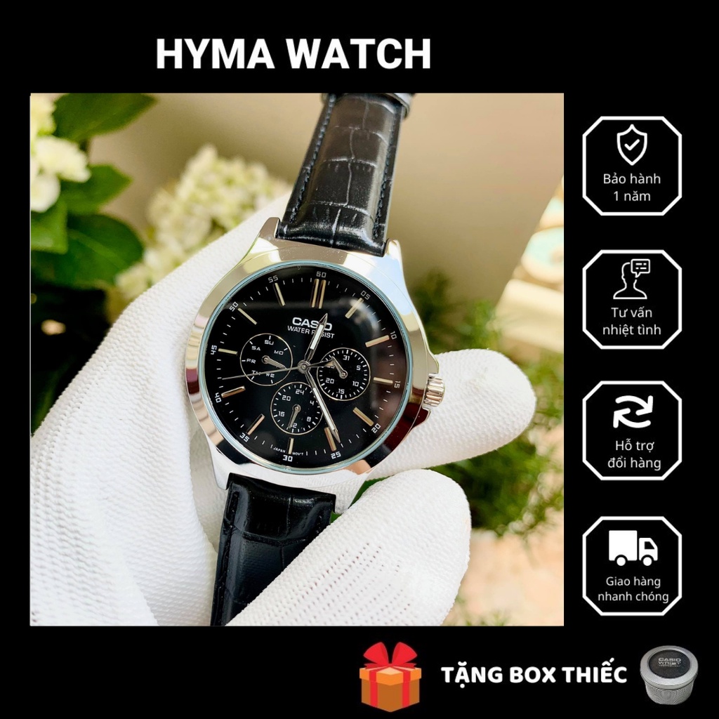 Đồng hồ nam dây da Casio MTP V300L-1AV mặt đen 6 kim chống nước 5ATM Bảo hành 1 năm Hyma watch