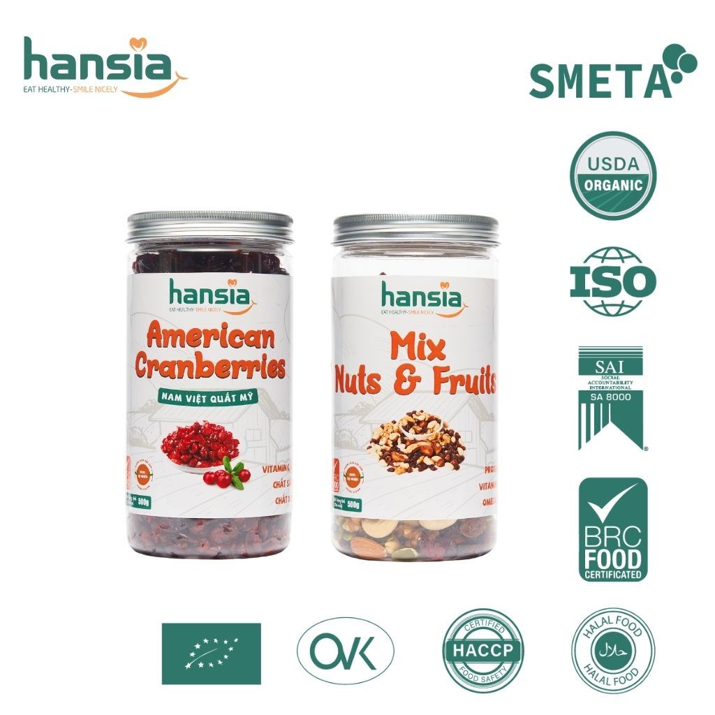 Combo Phục Hồi Sức Khỏe Organic HANSIA Gồm Mix Nuts&amp;Fruits Và Nam Việt Quất Bổ Sung Dinh Dưỡng Thơm Ngon 300-500g/Hộp