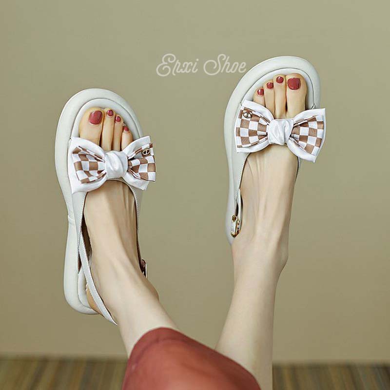 Oeggeo shop Xăng đan Đế Bằng Kẻ Sọc Ca Rô Đính Nơ Có Một Nút Cho Nữ