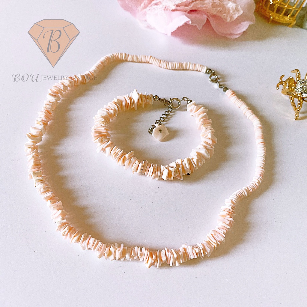 SET VÒNG CỔ VÀ LẮC TAY VỎ ỐC THÔ SECONDHAND NHẬT BẢN BOU JEWELRY VINTAGE MÃ VC184