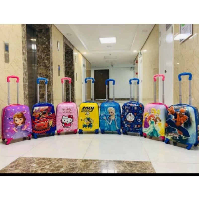 Vali kéo Doraemon cho bé, vali in hình các nhân vật hoạt hình: siêu nhân, elsa, kitty, sofia, công chúa thỏ, ô tô