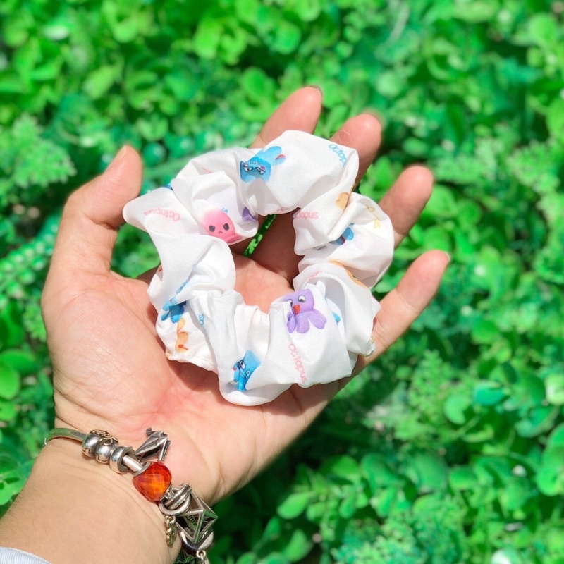 Combo 100 scrunchies vải cotton hoạ tiết trái cây, hoạt hình size 10cm