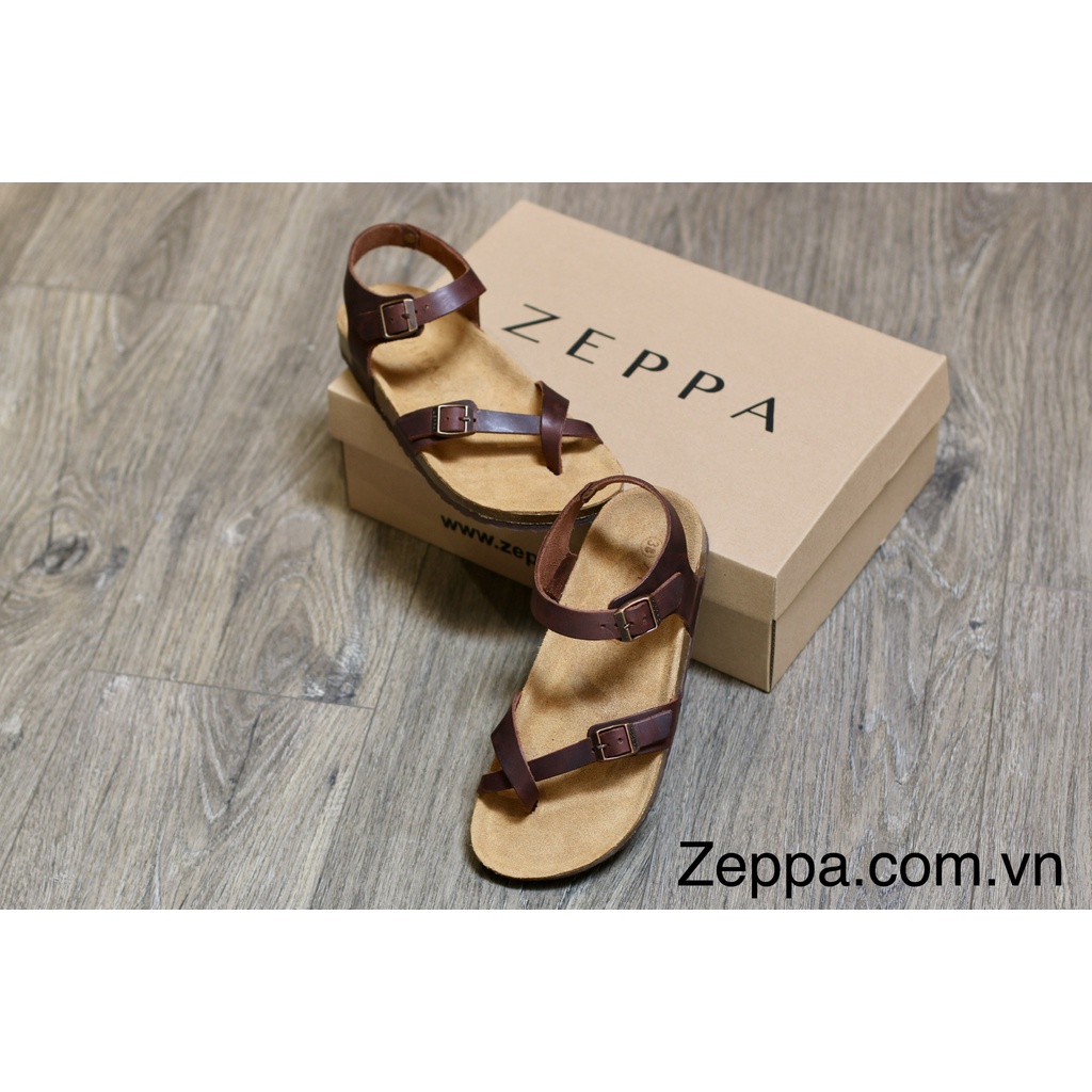 ZEPPA chính hãng - Da bò thật 100% - Sandal xỏ ngón chéo màu nâu MS: SN2  - Sandal đế trấu da bò UNISEX