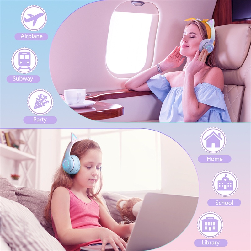 Tai Nghe Chụp Tai Bluetooth Không Dây Hình Tai Mèo Màu Hồng Có Mic Điều Khiển Ánh Sáng RGB Cho Điện Thoại / Máy Tính