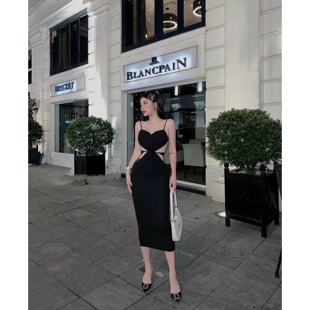 Đầm 2 dây nhíu ngực ở lưng cột dây 2 dây ngang eo xẻ tà sau cực sexy , chất thun gân dày dặn mk