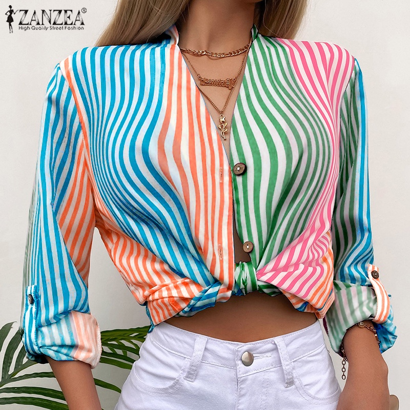 Áo sơ mi ZANZEA tay dài cổ đứng cài nút họa tiết sọc thời trang Âu Mỹ cho nữ
