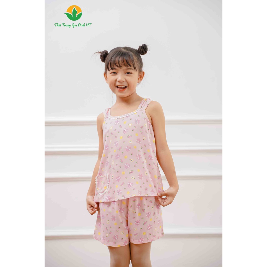 Bộ đồ lanh quần đùi áo hai dây cổ ren bé gái Việt Thắng chất lanh mềm mại, thoáng mát B62.2205