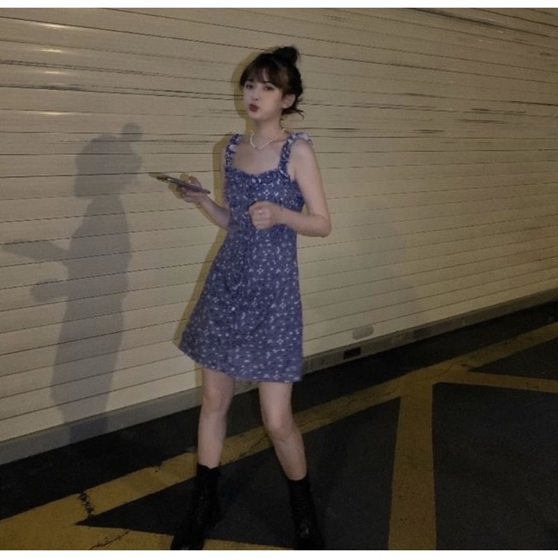 Đầm minidress hoa nhí xanh tím