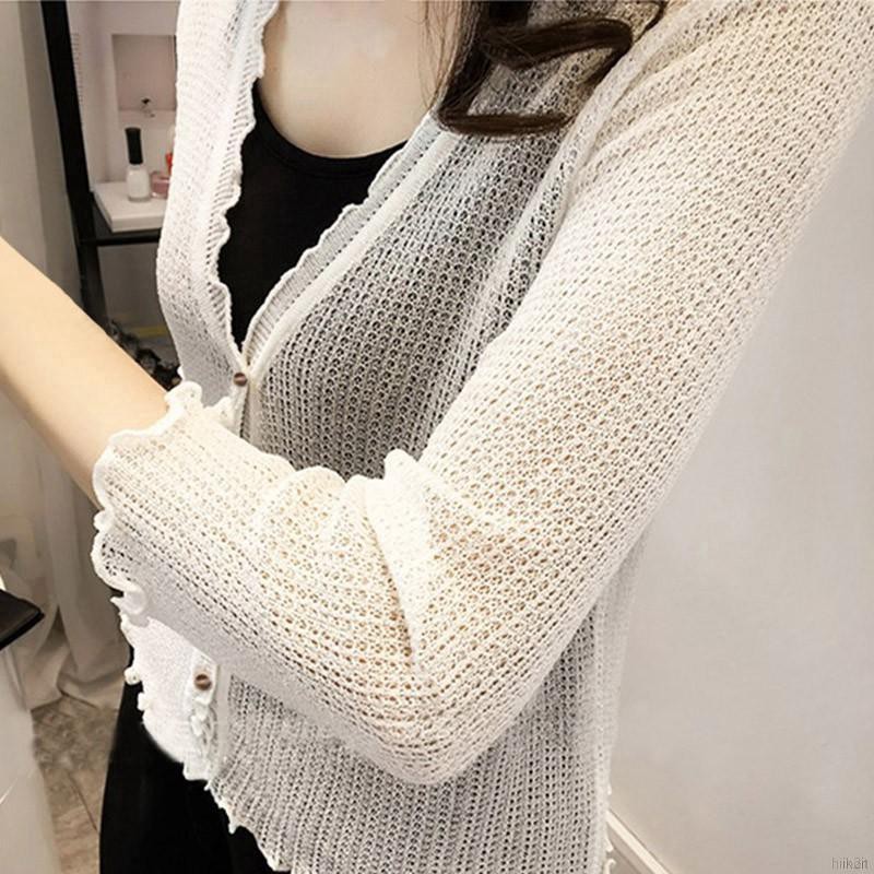 Áo Cardigan Dệt Kim Tay Ngắn Thiết Kế Cổ Chữ V Thanh Lịch