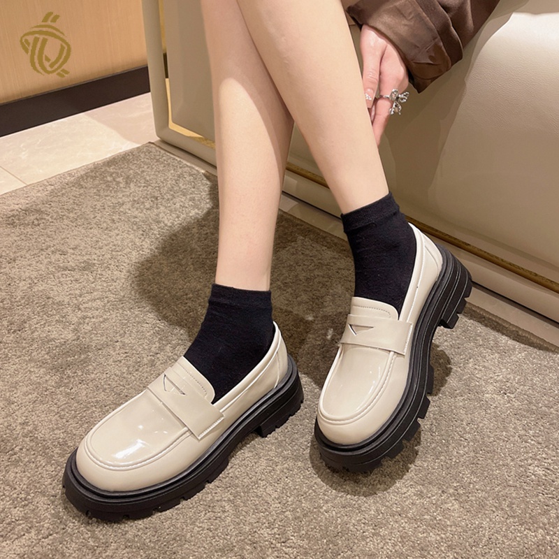 New round-headed British style patent leather thick heel high-cut Japanese loafers