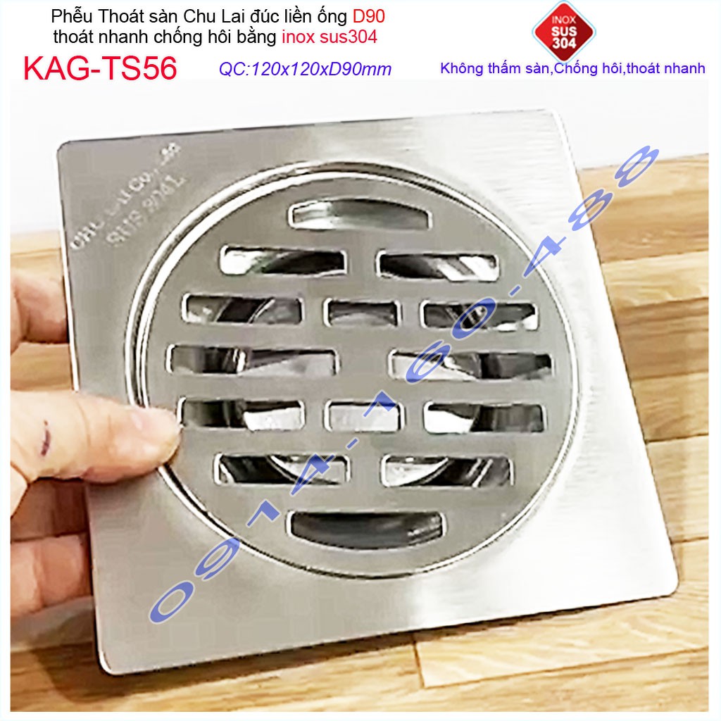 Phễu thoát sàn Chu Lai 12x12cm KAG-TS56-D90, hố ga Thoát sàn ống 9cm SUS304 inox đúc dày thoát nhanh chặn tóc tốt