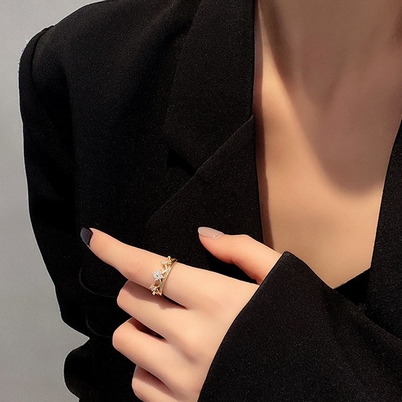 Nhẫn nữ mạ vàng 18k hình vương miện thiết kế dạng hở có thể điều chỉnh kích cỡ phong cách hàn quốc 2023