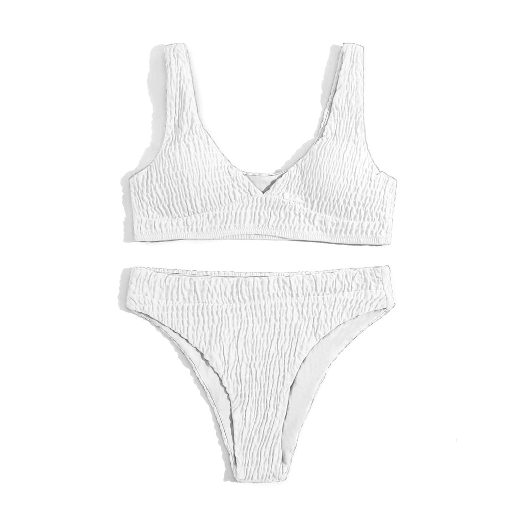 Bikini kiểu xếp ly cổ chữ V màu trơn cho nữ Zms35 | BigBuy360 - bigbuy360.vn