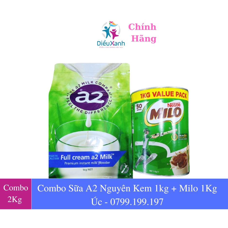 [ Combo 2Kg] Sữa Bột A2 Nguyên Kem 1Kg + Sữa Bột Milo 1Kg