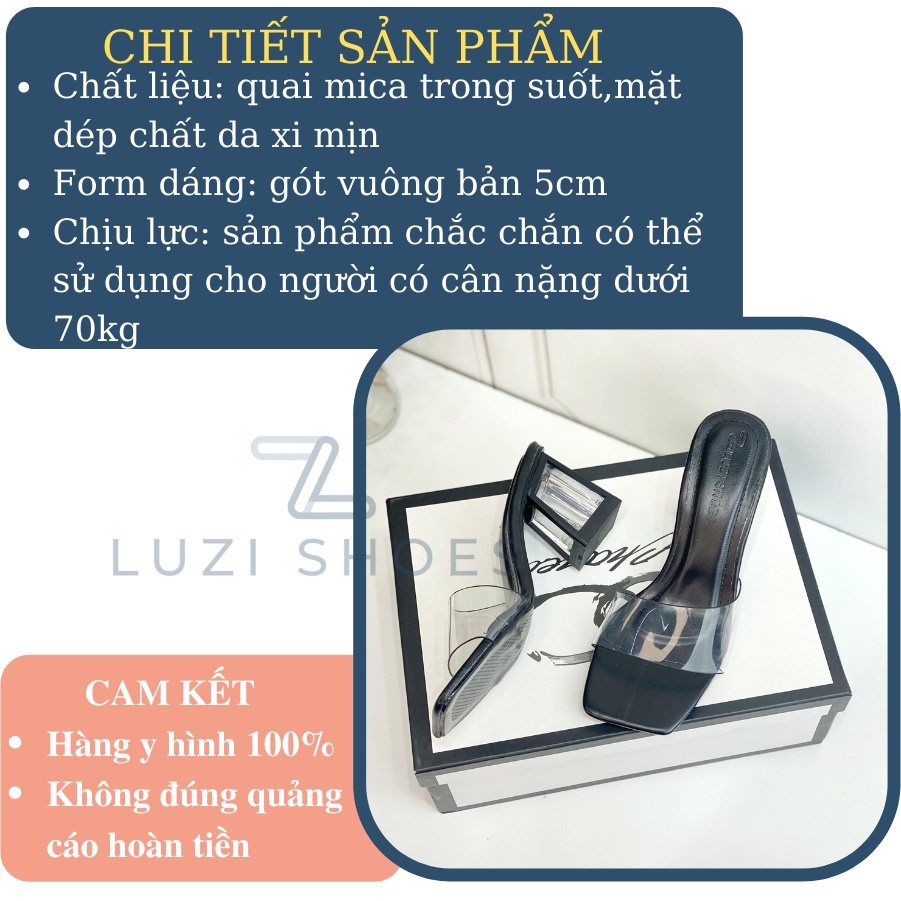 Dép nữ/guốc cao gót quai ngang trong suốt bản to gót vuông cao 5cm mica bọc viền sơn