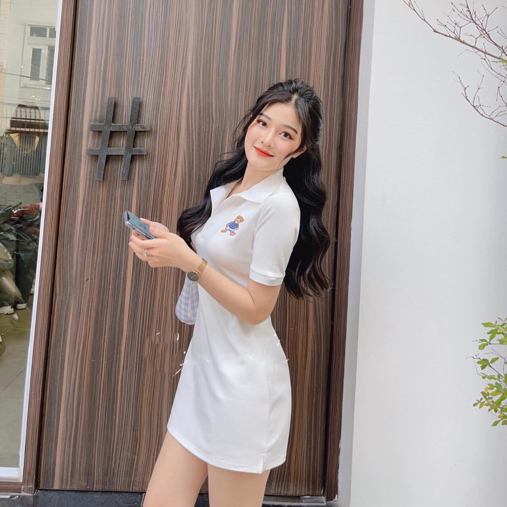 Váy Polo Thun Trơn Cộc Tay Nữ-  Đầm Sơ Mi Ngắn Tay Body Dáng Ôm Kiểu Dáng Hàn Quốc Siêu Xinh | BigBuy360 - bigbuy360.vn