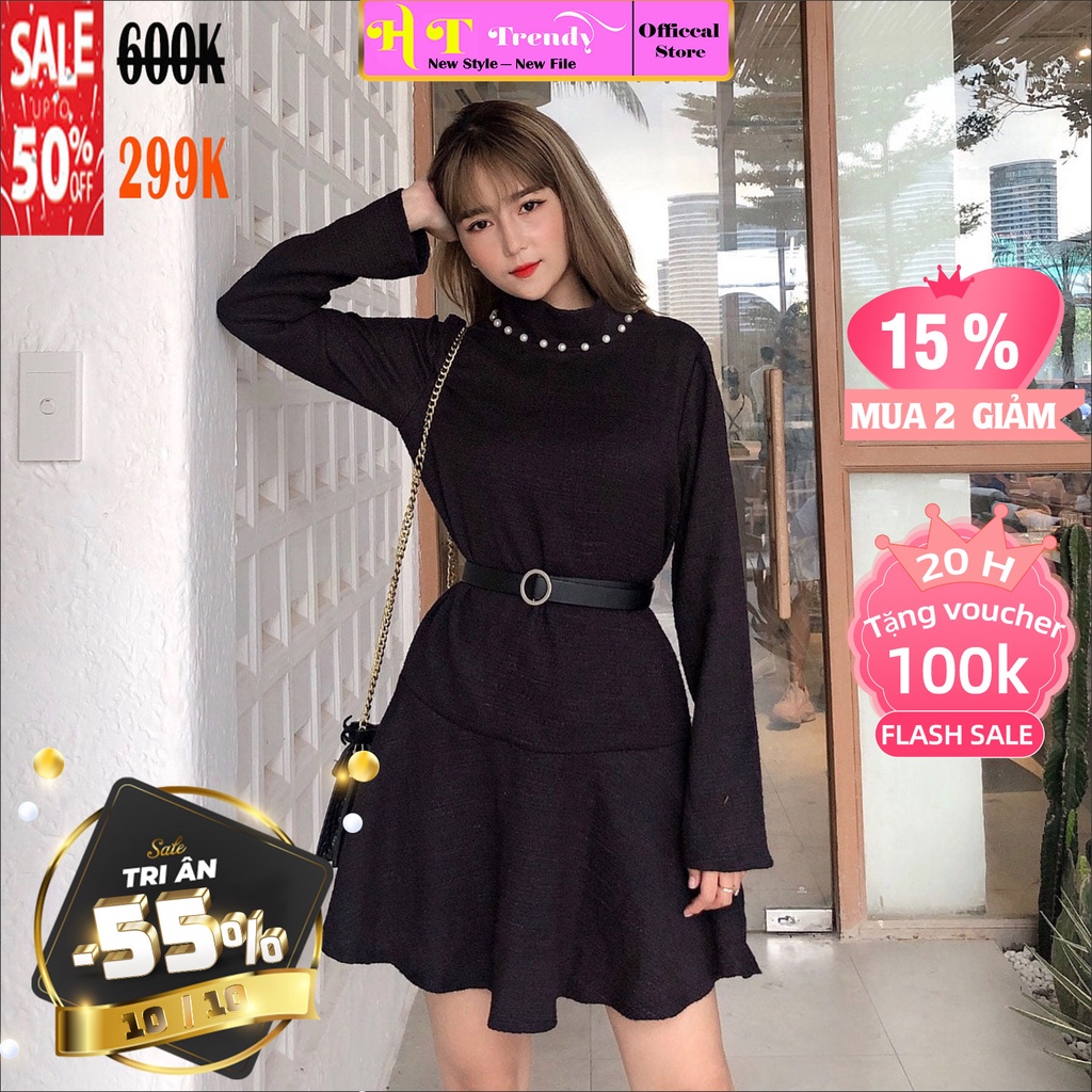 Áo Váy dạ tiểu thư dáng dài đính ngọc đá màu trắng sang chảnh HT TRENDY