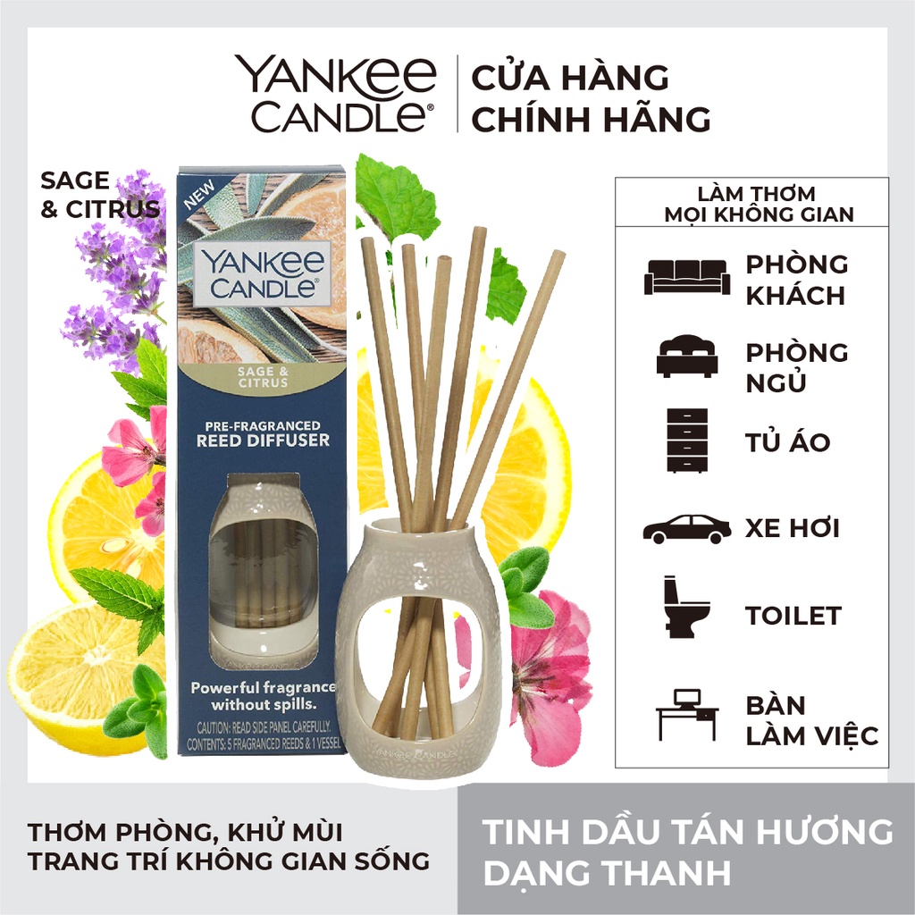 [Mã LIFEM1 giảm 50k đơn 99k] Tinh dầu tán hương dạng thanh Yankee Candle - Sage &amp; Citrus (gồm lọ và 5 thanh tán hương)