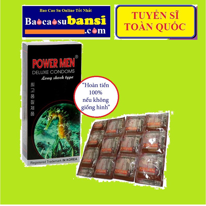 Bao cao su Powermen cá ngựa hộp 12 cái, Giá Chính Hãng 100% VAT, với tính năng gân, gai, mỏng, kéo dài thời gian quan hệ