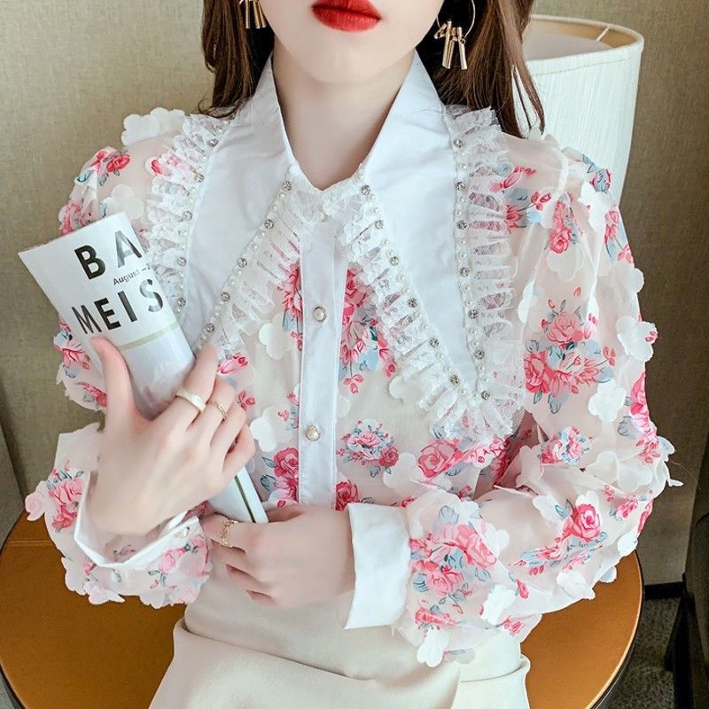 Áo Sơ Mi Chiffon Tay Dài Cổ Búp Bê In Họa Tiết Phong Cách Hàn Quốc