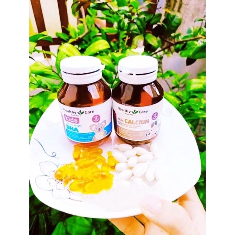 Bộ đôi sản phẩm DHA và canximilk dành cho bé 4m+ chính hãng Healthy Care lọ 60 viên giúp bé cao lớn và thông minh