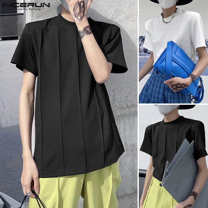 Áo thun INCERUN dệt kim ngắn tay cổ tròn màu trơn thời trang hè cho nam