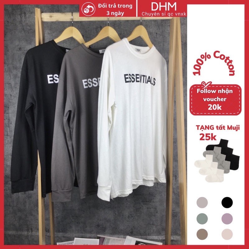 Áo thun tay dài form rộng nam nữ unisex ESENTIAL mặc đôi mặc nhóm, áo phông dài tay 3 màu trắng đen nâu từ 40-70kg