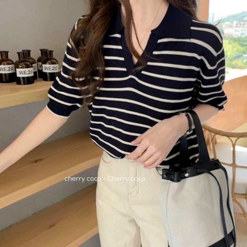 [Free Ship][Ảnh Thật] Áo len Nữ mongtoghi kẻ 2 màu đen/be | BigBuy360 - bigbuy360.vn